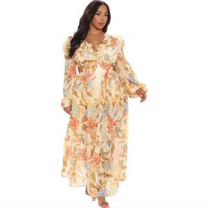 ☆ Fashion Nova 1X Womens Floral Back Tie Balloon Sleeve Zip Back Maxi.